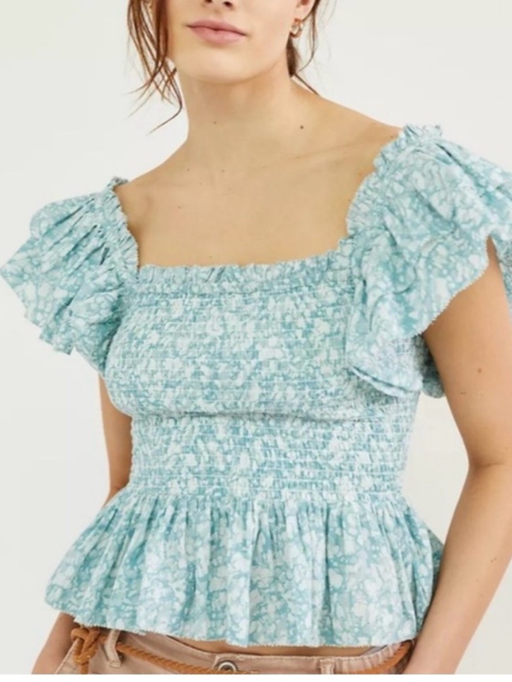 Anthropologie Love the Label Light Aqua Smocked Peplum Top